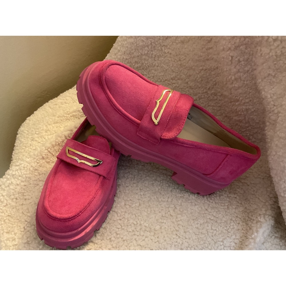 Vl224 Hot Pink Faux Suede Chunky Platform Loafers Gold Hardware EU 39